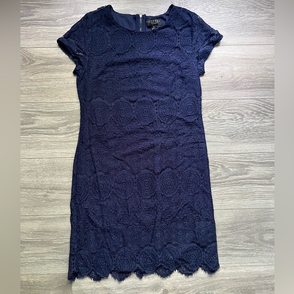 Laundry by Shelli Segal Navy Blue Lace Scalloped Cap Sleeve Work Dress Size 10 - Picture 1 of 8